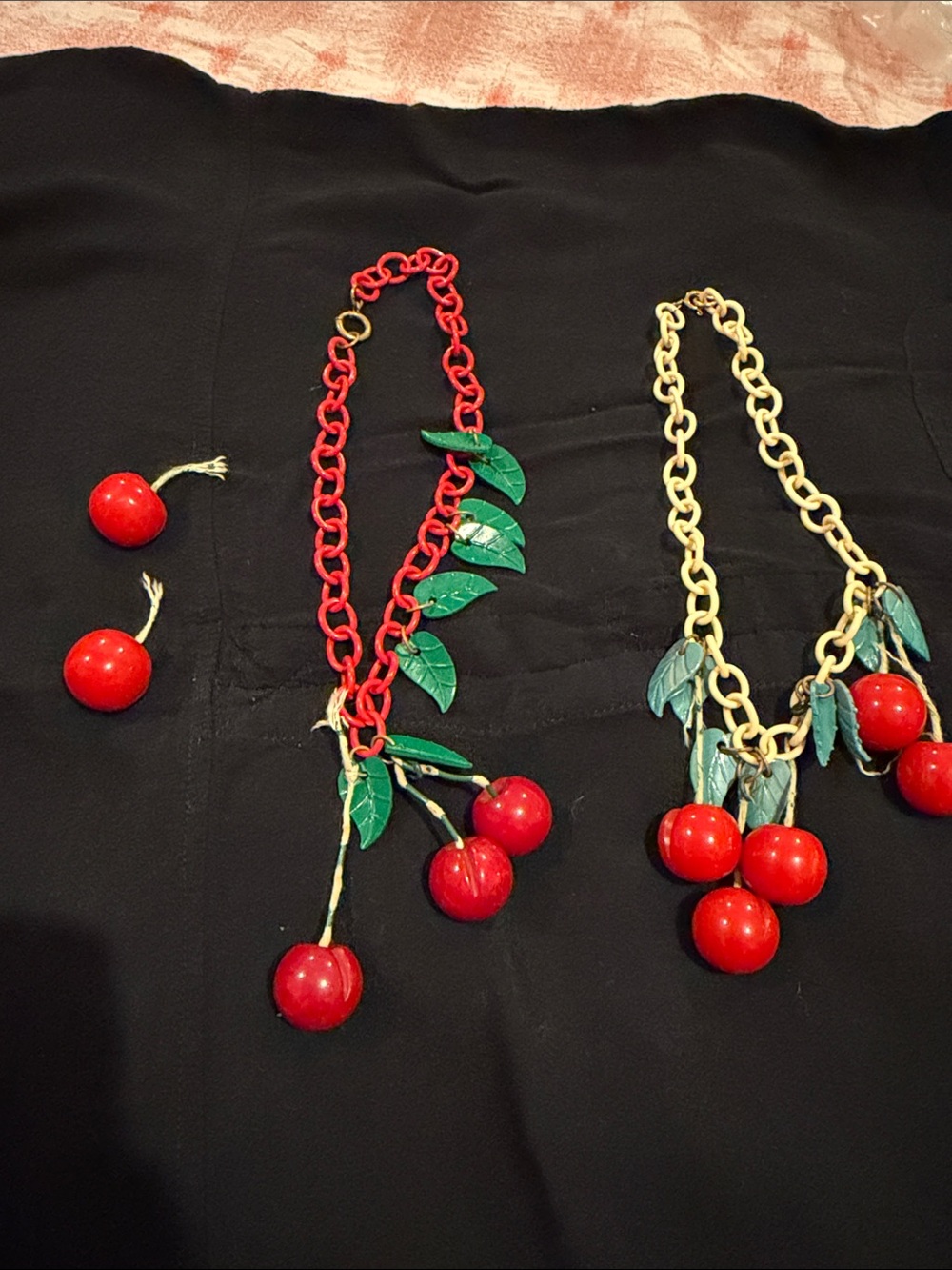 Vintage celluloid Cherry Drop Statement Necklace - Red and Green Women’s Jewelry